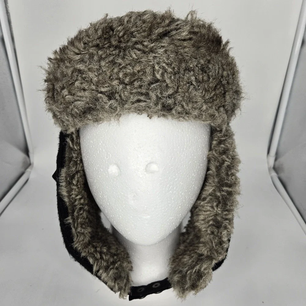 Vtg Rocawear Trapper Hat Faux Fur Ushanka Y2K‎ Cyber Goth Streetwear Black Gray